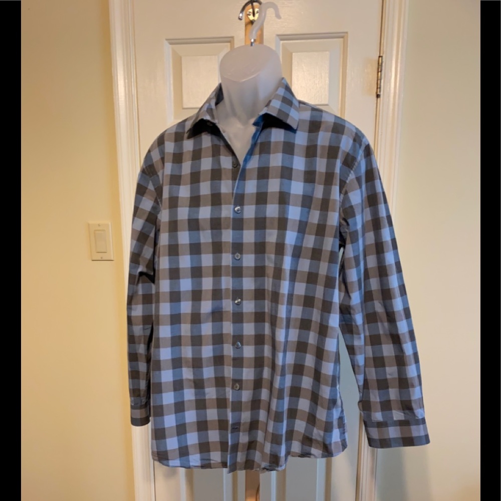 Kenneth Cole Reaction - Men slim fit gray/brown/black plaid shirt, Size:17 32/33